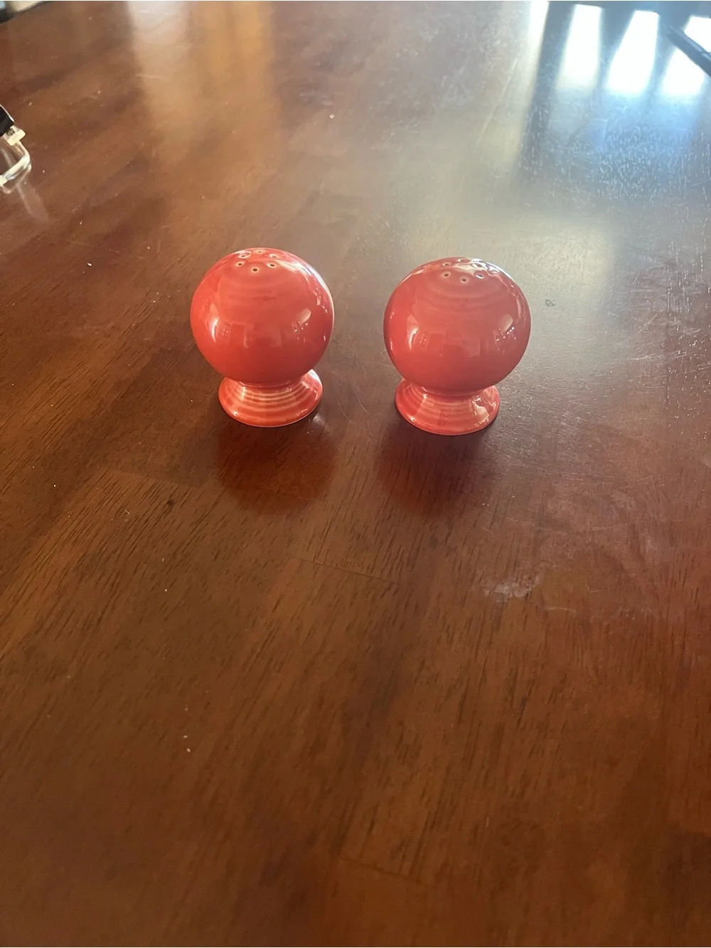Coral Ceramic Salt and Pepper Shakers - Fiesta-ware, with stoppers